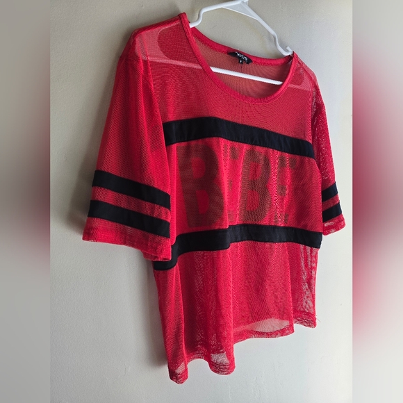Bebe Black And Red Striped Womens Medium Mesh Sport Top Football Style - Picture 2 of 9